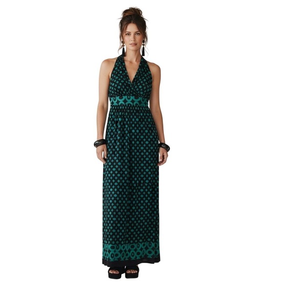 Saint Tropez West Dresses & Skirts - Saint Tropez West Womens Size 8 Teal Black Geometric Polka Dot Halter Maxi Dress